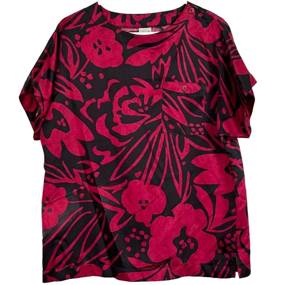 NEW Vintage Pykettes Pink Black Blouse Floral Short Sleeve Dress Shirt Top 16